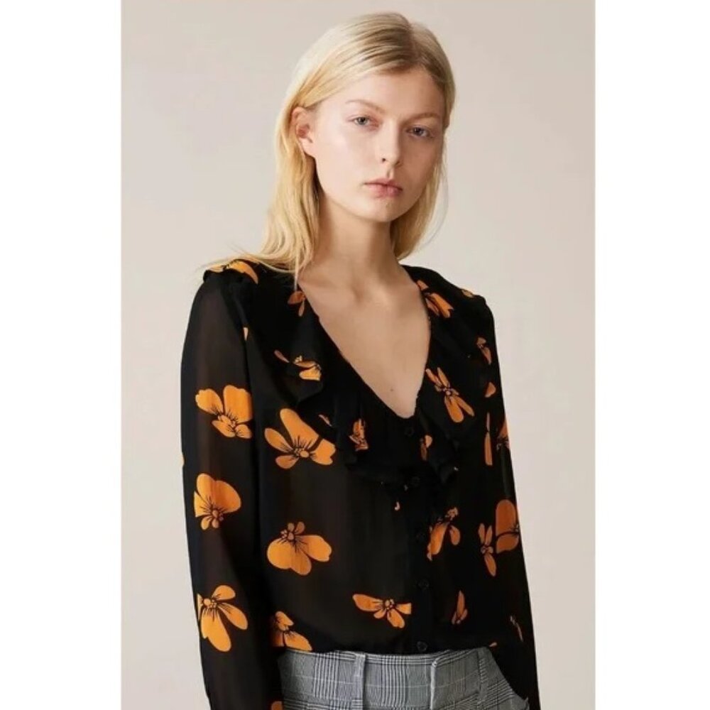 GANNI Fairfax Georgette Blouse / Size 36 / US 4 / Black Orange Ruffle V-Neck
